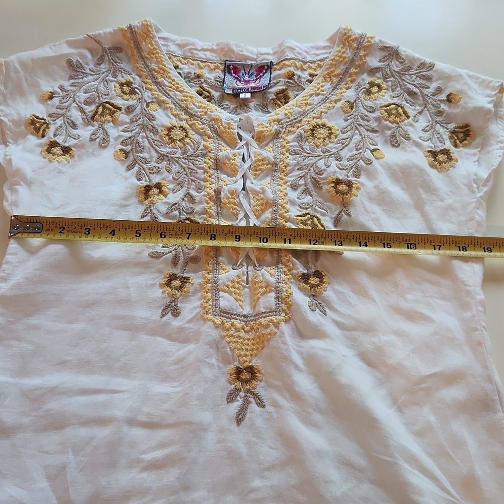 Johnny Was linen white yellow floral embroidered lace front top small - Picture 9 of 9